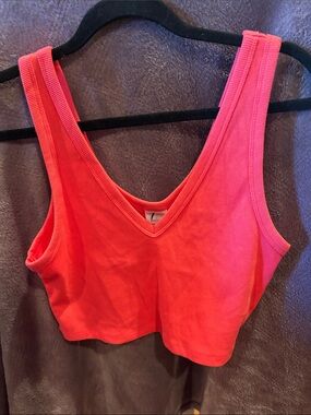 Wildfox Neon Pink Ribbed V-Neck Cropped Tank